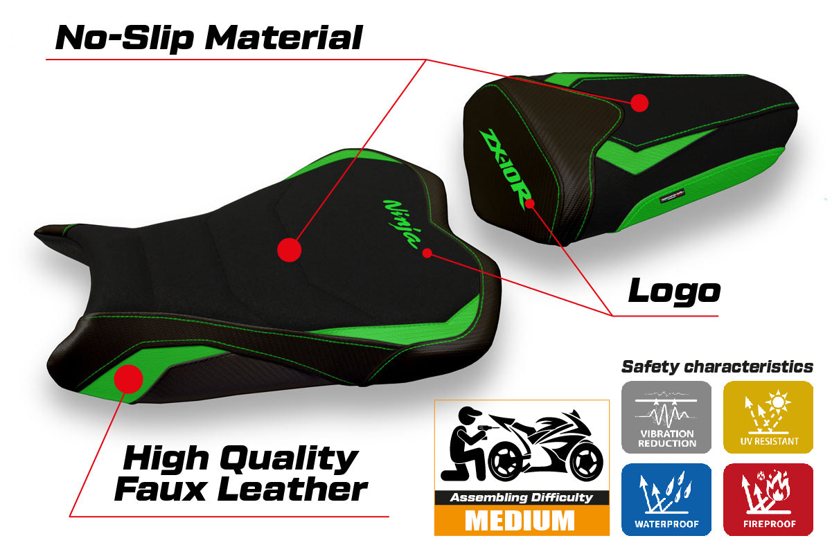 Funda de asiento Kawasaki Ninja ZX10R 2008-2010 Tappezzeria Italia TPZ Ultragrip en verde y negro