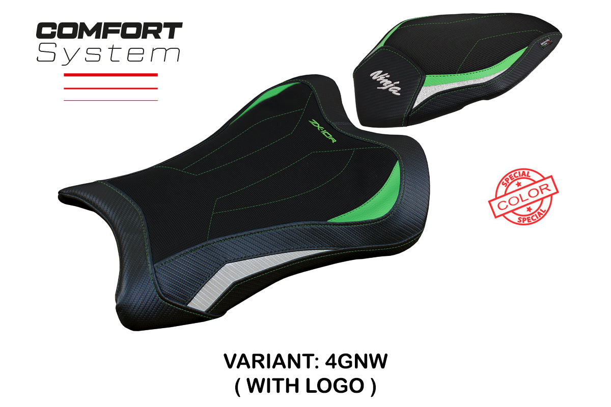 Funda de asiento Kawasaki Ninja ZX10R 2021-2025 Tappezzeria Italia TPZ Comfort en verde y blanco