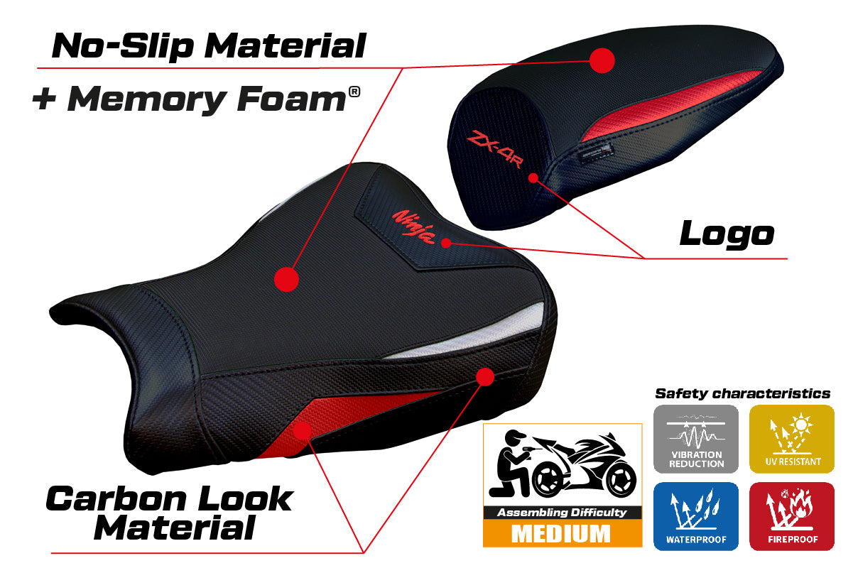 Funda de asiento Kawasaki ZX4R 2023-2025 Tappezzeria Italia TPZ Comfort en rojo, plata y negro