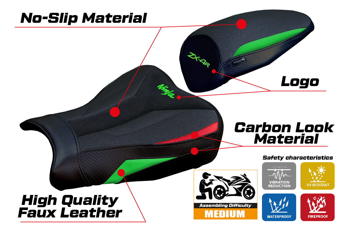 Funda de asiento Kawasaki ZX4R 2023-2025 Tappezzeria Italia TPZ Ultragrip en verde, rojo y negro