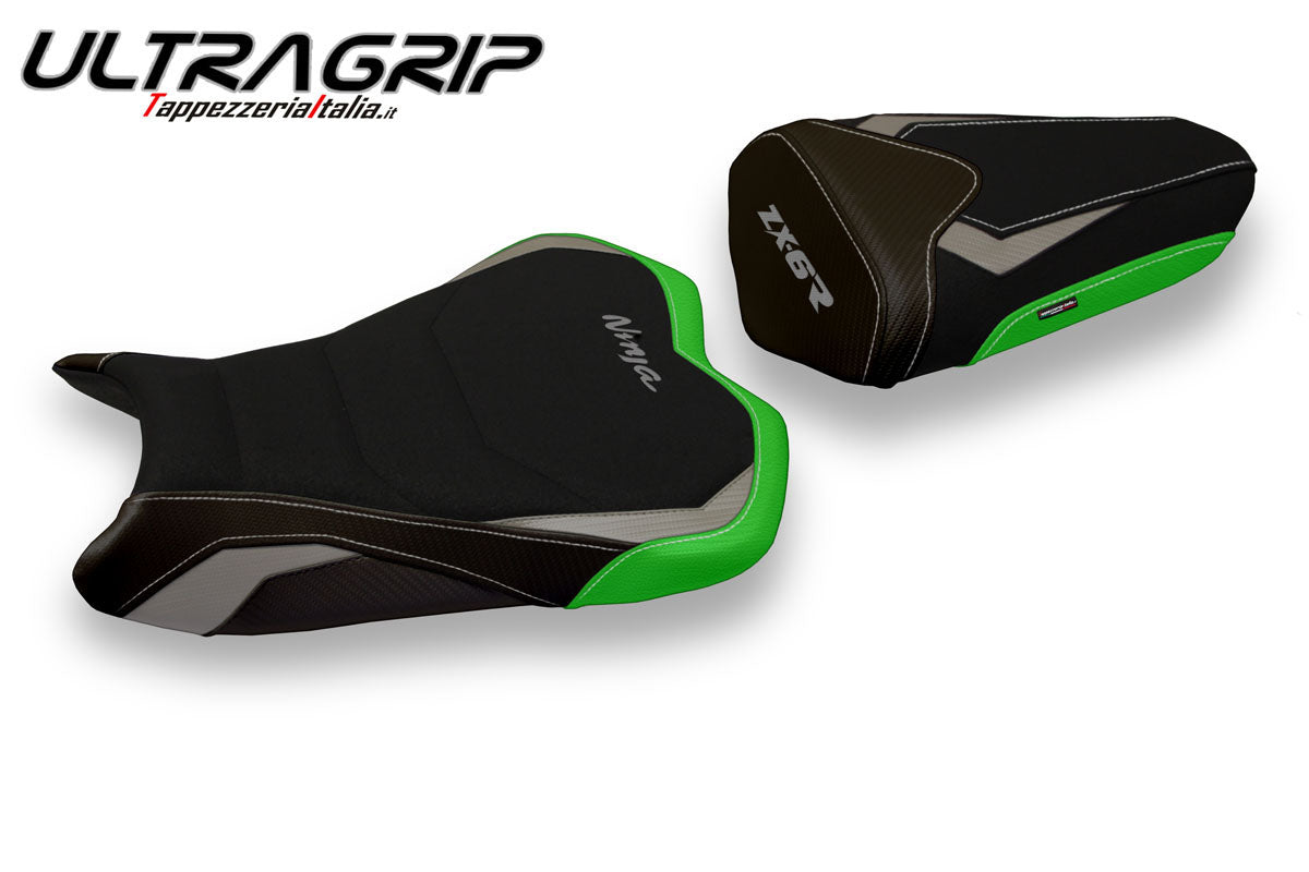 Kawasaki Ninja ZX6R 2013-2018 Seat Cover Tappezzeria Italia TPZ Ultragrip in Grey and Green