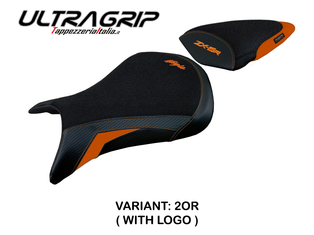 Funda de asiento Kawasaki Ninja ZX6R 2005-2006 Tappezzeria Italia TPZ Ultragrip en naranja y negro