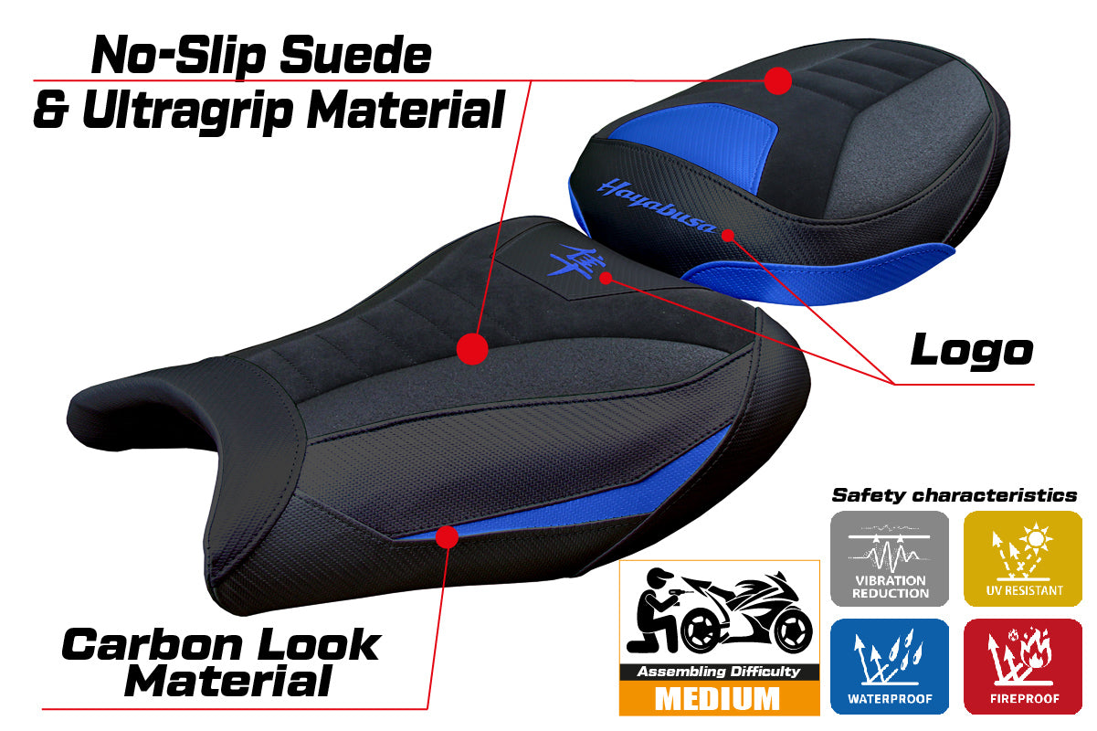 Funda de asiento Suzuki GSX R 1300 Hayabusa 2008-2020 Tappezzeria Italia TPZ Ultragrip en ante azul