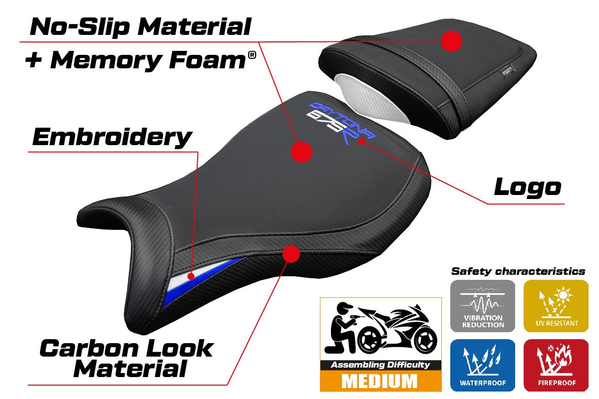 Funda de asiento para Triumph Daytona 675R 2006-2012 Tappezzeria Italia TPZ Comfort Blanco Azul Negro