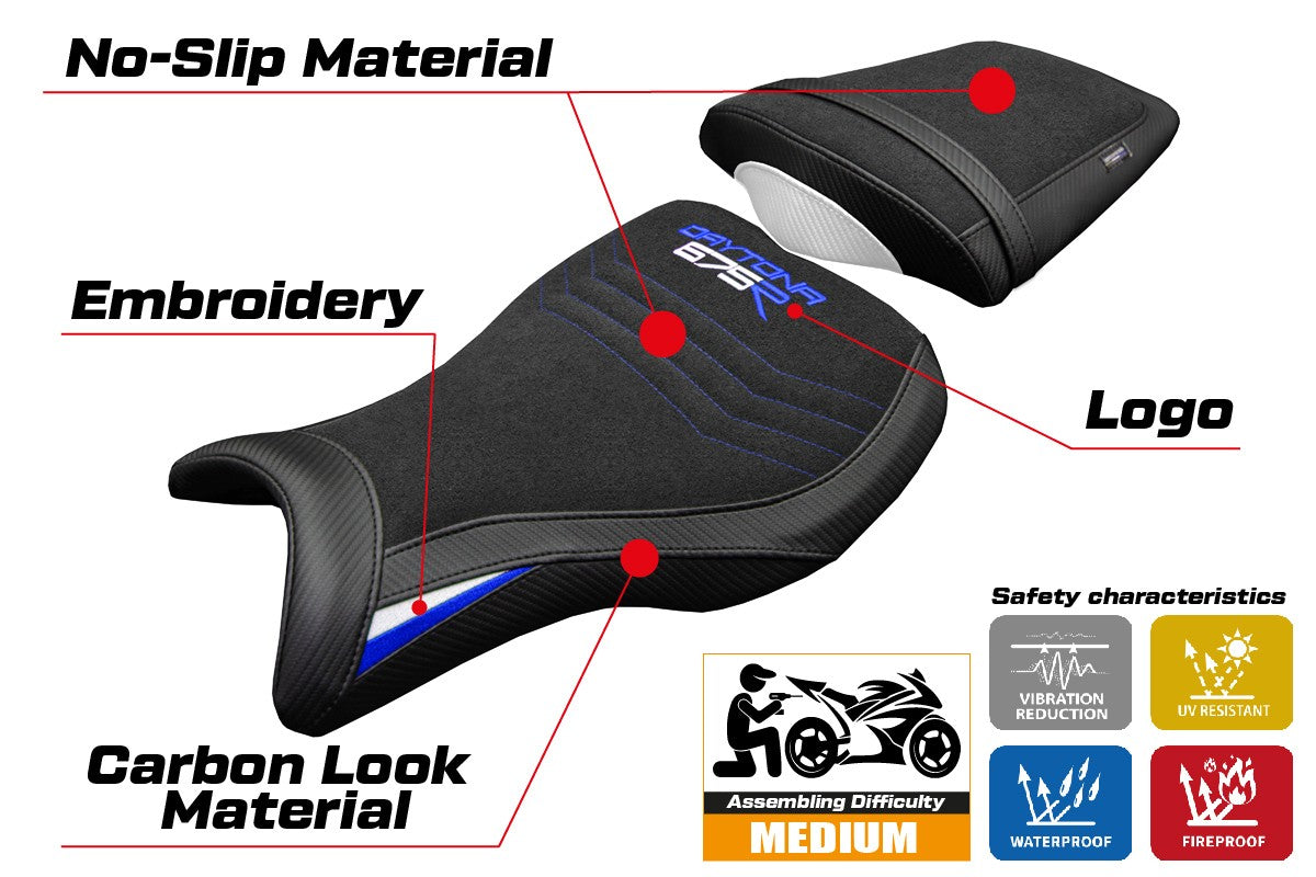 Triumph Daytona 675R 2006-2012 Seat Cover Tappezzeria Italia TPZ Ultragrip White Blue Black