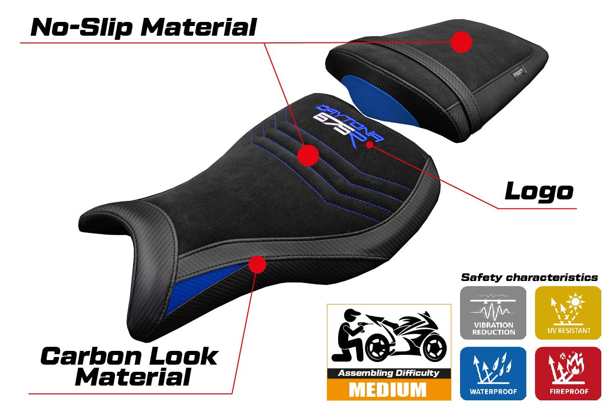 Funda de asiento Tappezzeria Italia TPZ Terciopelo Azul Negro para Triumph Daytona 675R 2006-2011 2012