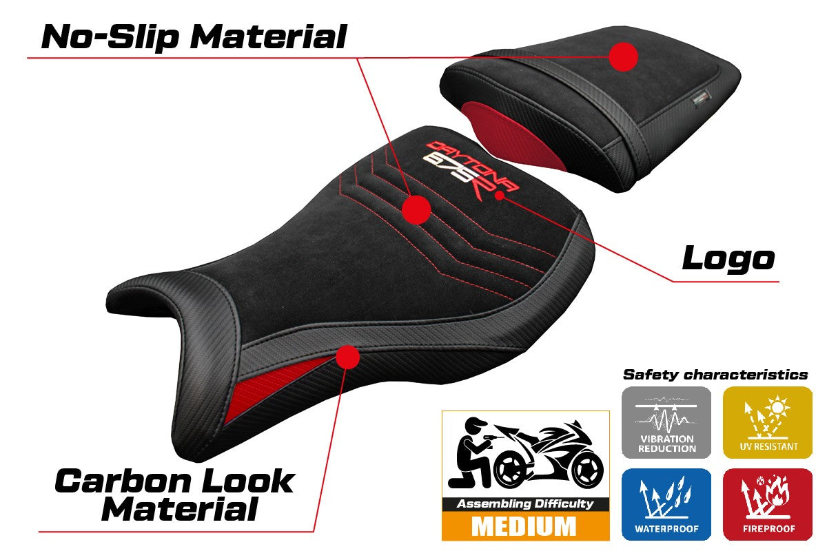 Funda de asiento Tappezzeria Italia TPZ Terciopelo Rojo Negro para Triumph Daytona 675R 2006-2010 2011 2012