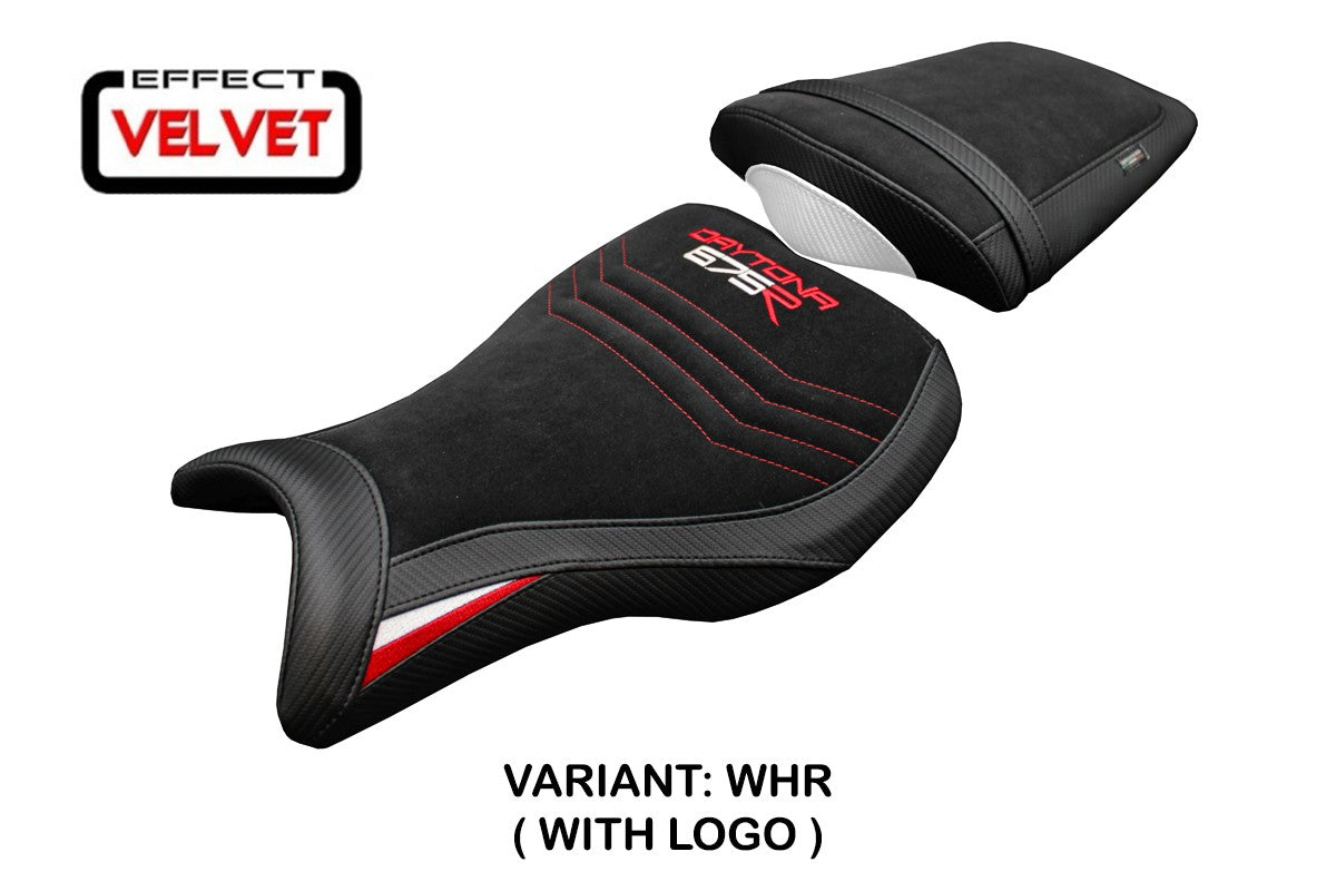Funda de asiento para Triumph Daytona 675R 2006-2012 Tappezzeria Italia TPZ Terciopelo Blanco Rojo Negro