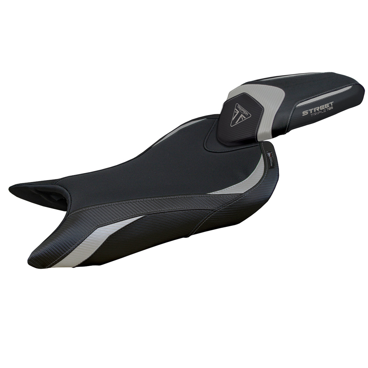 Funda de asiento Tappezzeria Italia TPZ para Triumph Street Triple 765 2023-2025 en plata y negro