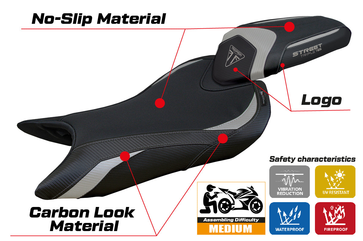 Funda de asiento Tappezzeria Italia TPZ para Triumph Street Triple 765 2023-2025 en plata y negro