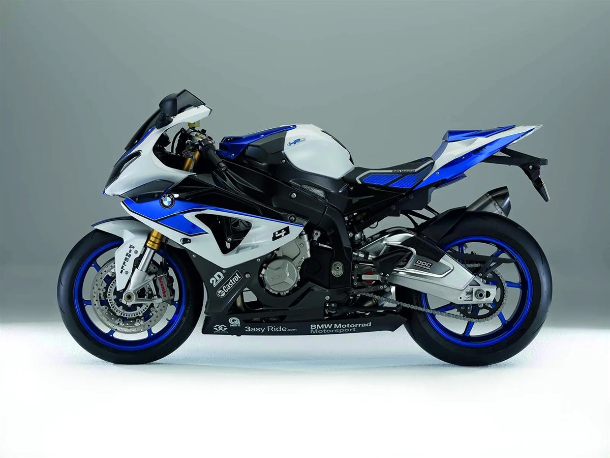 Fundas de asiento Volcano, BMW S1000RR HP4 2013-2014, delanteras, con aspecto de carbono y empuñaduras en negro y azul