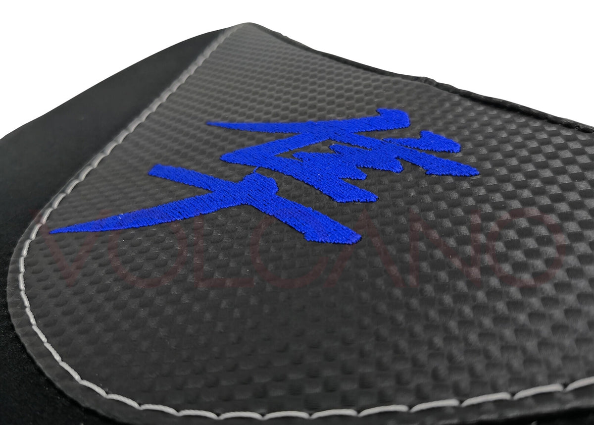 Fundas de asiento Volcano para Suzuki Hayabusa 2008-2020, delanteras y traseras, con aspecto de carbono y agarre en negro y azul.