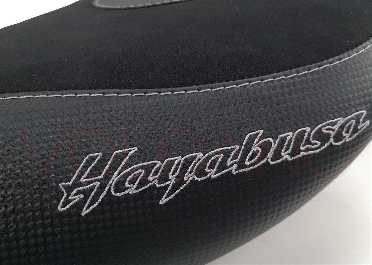 Fundas de asiento Volcano para Suzuki Hayabusa 2008-2020, delanteras y traseras, con aspecto de carbono y agarre en negro y azul.