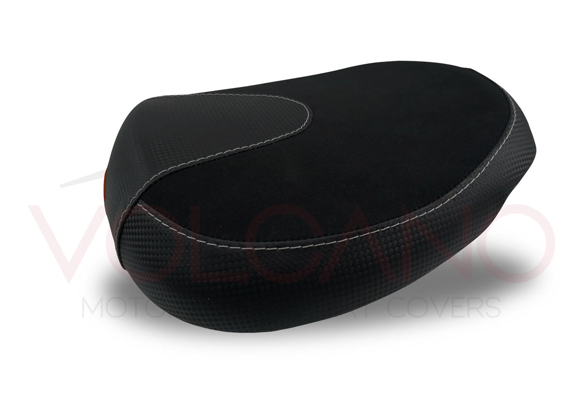 Fundas de asiento Volcano para Suzuki Hayabusa 2008-2020, delanteras y traseras, con aspecto de carbono y agarre en negro y azul.