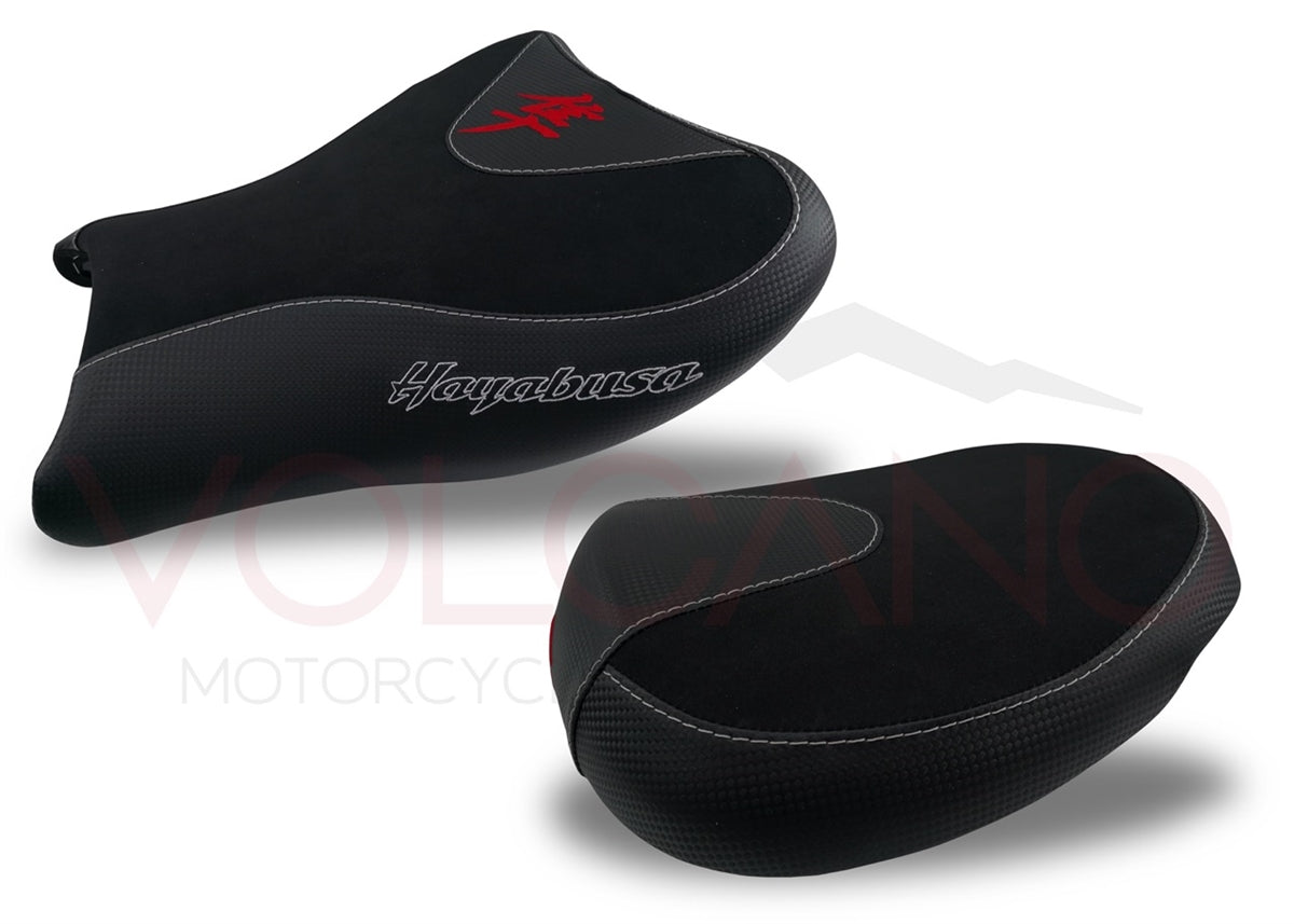 Volcano Seat Covers, Suzuki Hayabusa 2008-2020, Front and Rear, Carbon Look and Grip in Black and Red