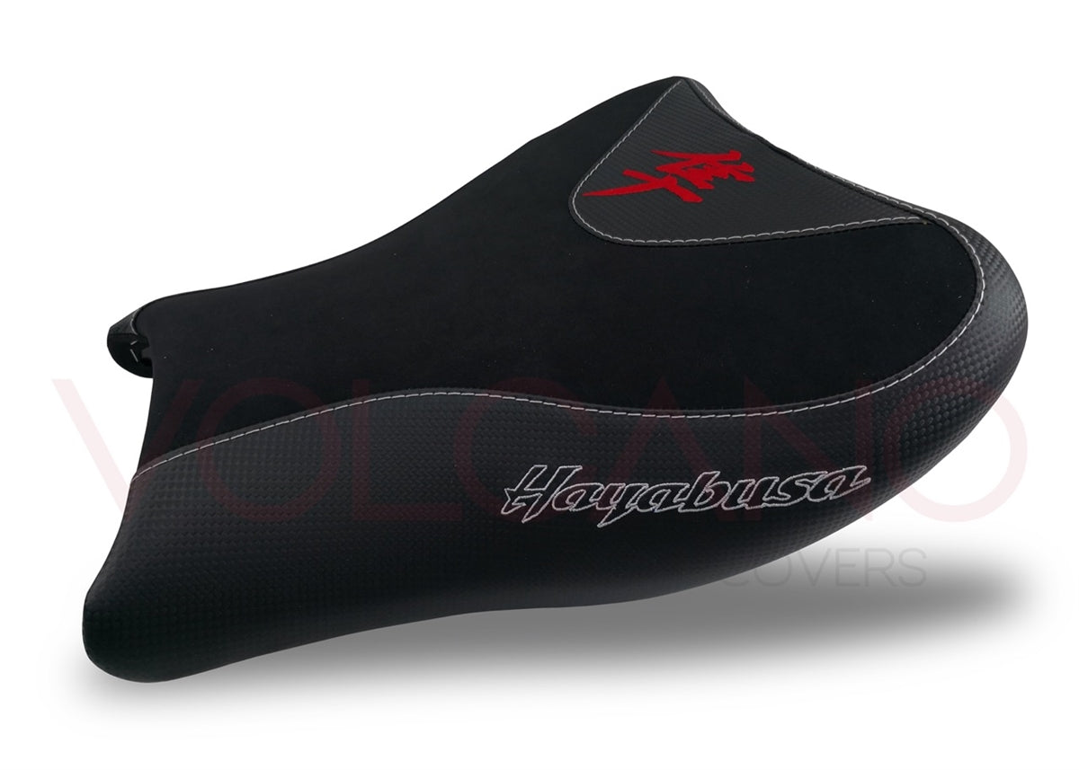 Volcano Seat Covers, Suzuki Hayabusa 2008-2020, Front and Rear, Carbon Look and Grip in Black and Red