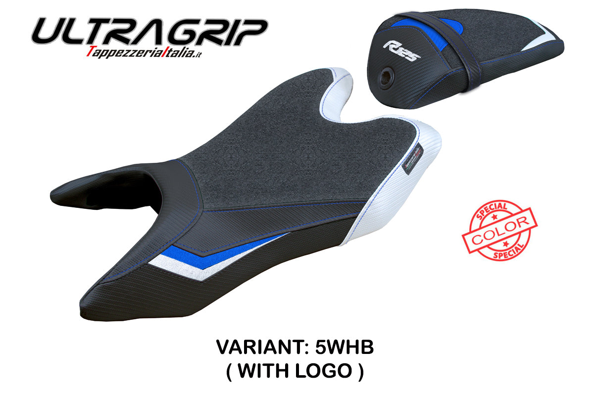 Funda de asiento Yamaha YZF R125 2019-2023 Tappezzeria Italia TPZ Ultragrip en blanco y azul