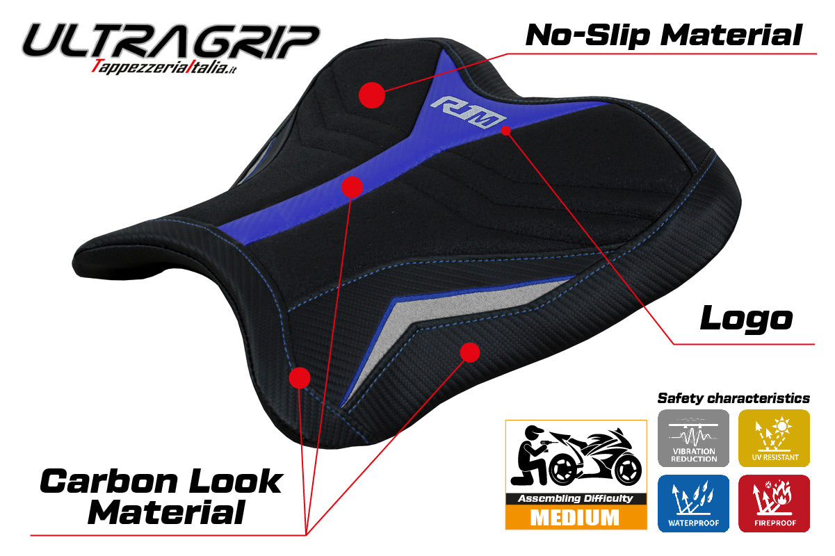 Yamaha YZF R1M 2015-2025 Rider Seat Cover Tappezzeria Italia TPZ Ultragrip in Blue and Silver