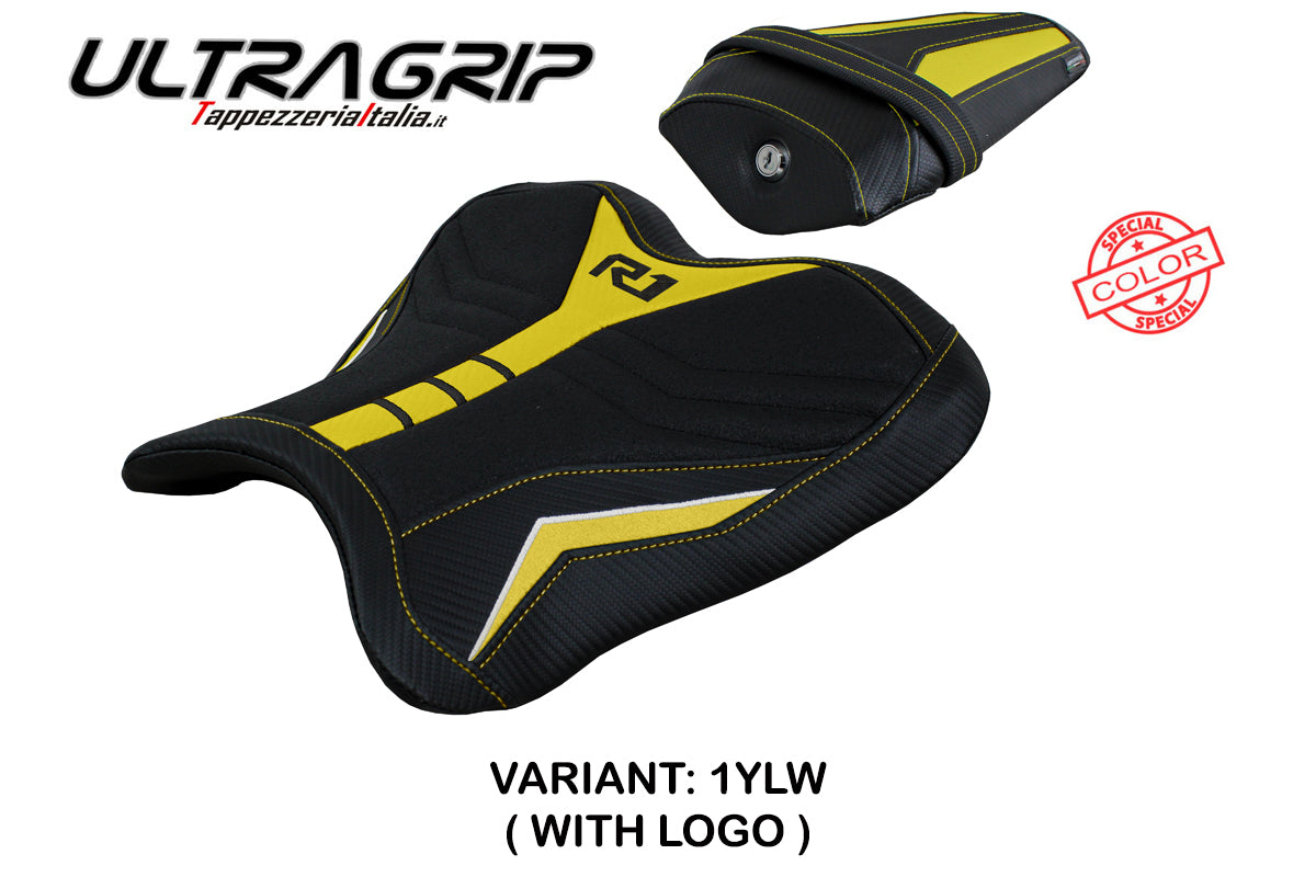 Funda de asiento Yamaha YZF R1 2015-2025 Tappezzeria Italia TPZ Ultragrip en amarillo y blanco