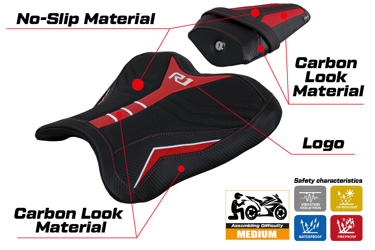 Funda de asiento Yamaha YZF R1 2015-2025 Tappezzeria Italia TPZ Ultragrip en rojo y blanco SE