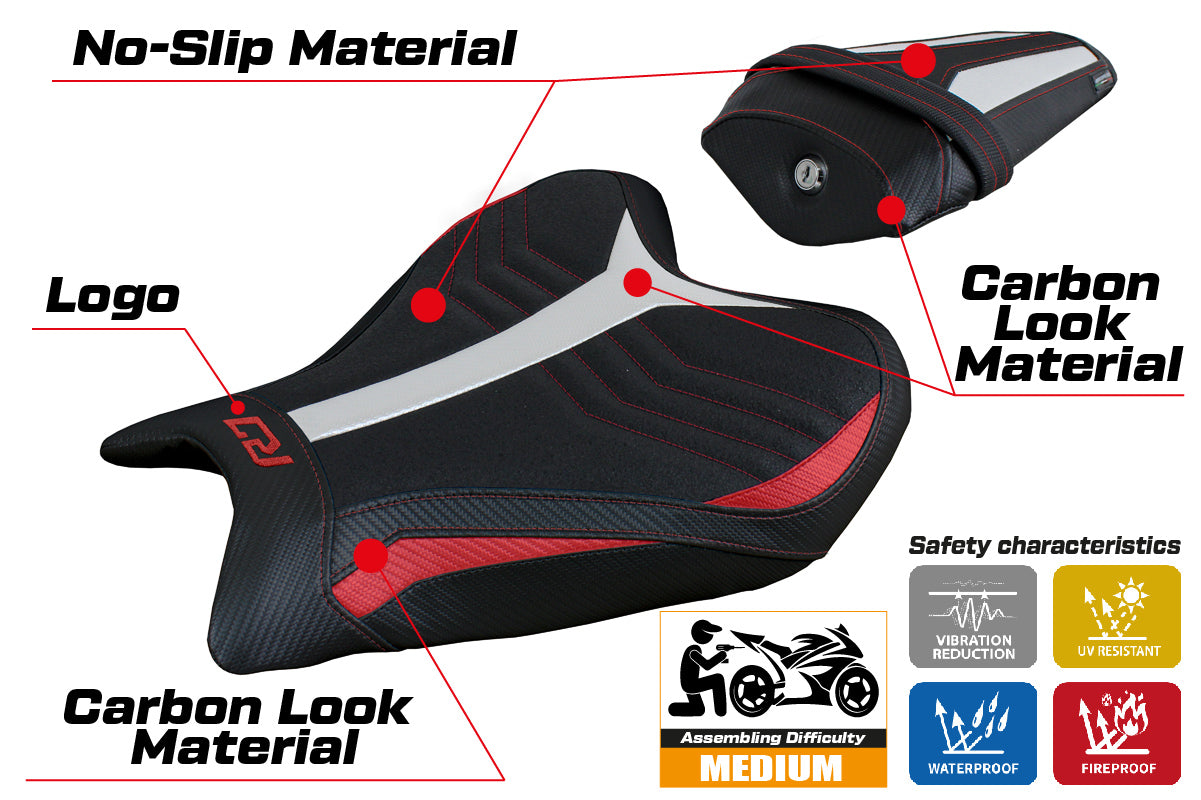 Funda de asiento Yamaha YZF R7 2021-2025 Tappezzeria Italia TPZ Ultragrip en rojo, blanco y negro SE