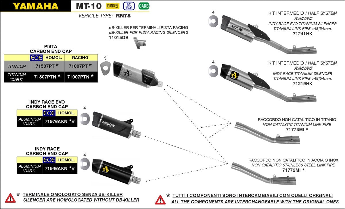 Tubo de enlace Arrow 71773MI sin catalizador, titanio, para Yamaha MT-10 2022-2025