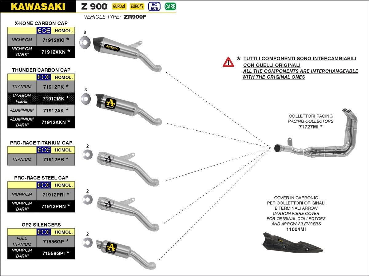 Silenciador de titanio Arrow FULL Exhausts con colectores Dekat de acero inoxidable Z900 20-25 71727mi + 71912PR