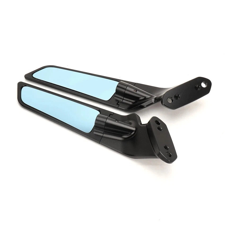 Pair of black Sixty61 motorcycle mirrors for the Kawasaki ZX6R with blue reflective surfaces on a white background