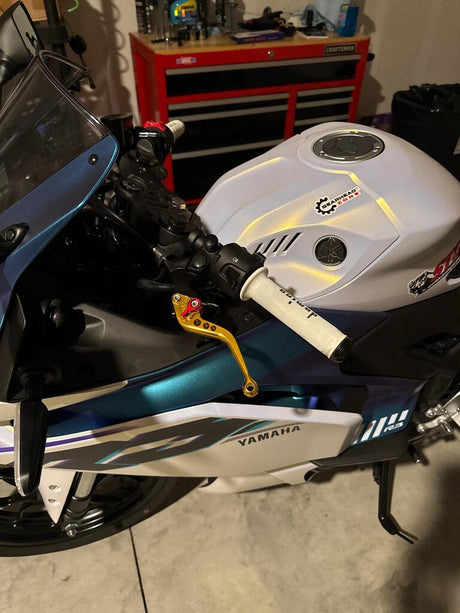 Yamaha R3 Motorcycle with Sixty61 Gold Brake and Clutch Shorty Adjustable Levers