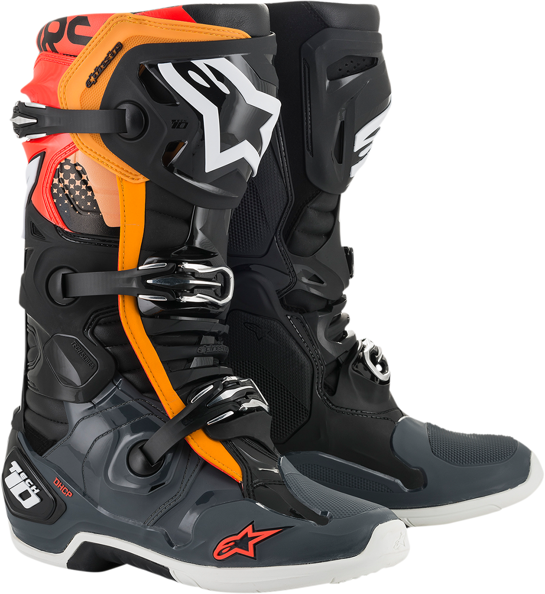 Botas ALPINESTARS Tech 10 - Negro/Gris/Naranja/Rojo Fluorescente - Talla 11 de EE. UU. 2010020-1143-11 