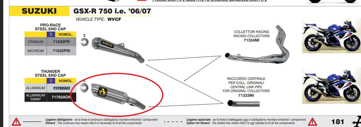 Escape Arrow Suzuki GSX-R 600/750 06-07 de aluminio homologado para colectores originales y Arrow 71702ao