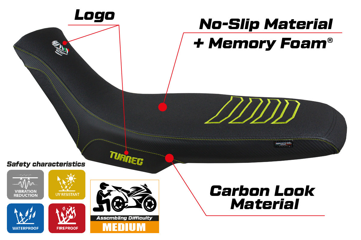 Funda de asiento Aprilia Tuareg 660 2021-2025 Tappezzeria Italia TPZ Comfort Ultragrip en amarillo y negro