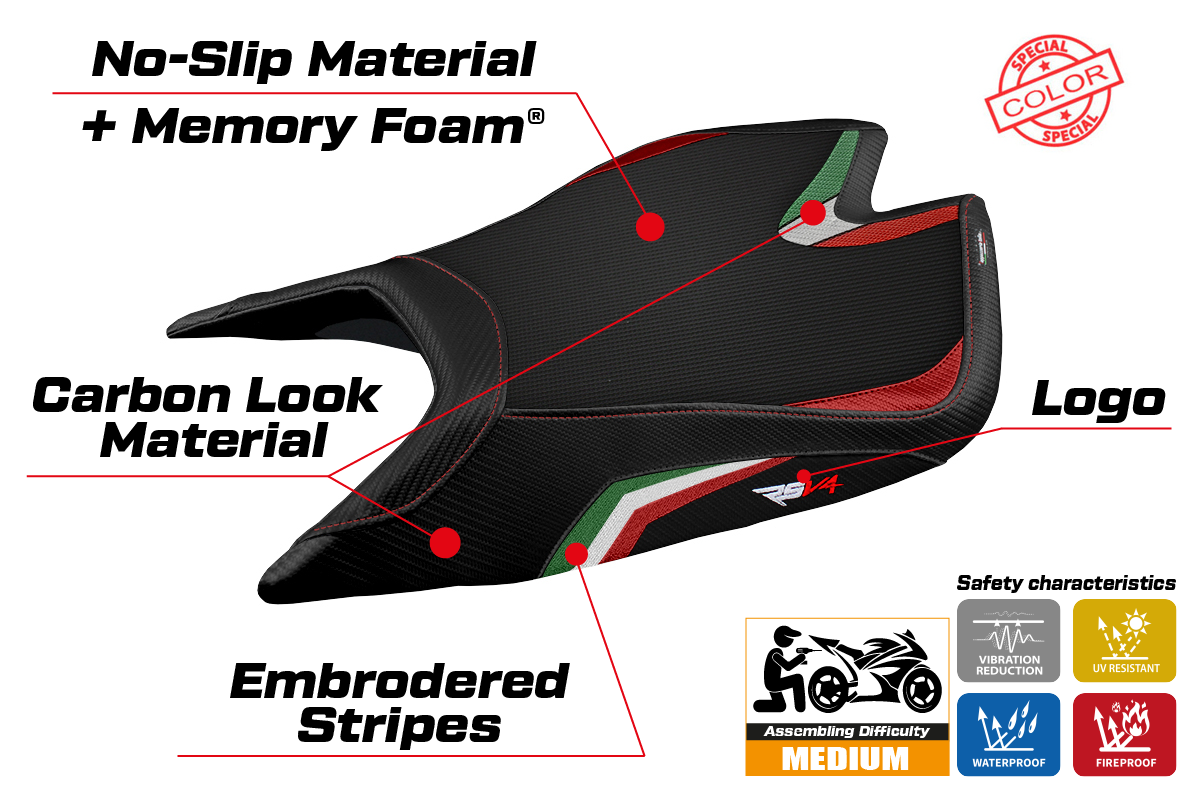 Funda de asiento Aprilia RSV4 2021-2025 Tappezzeria Italia TPZ Comfort con bandera de Italia negra
