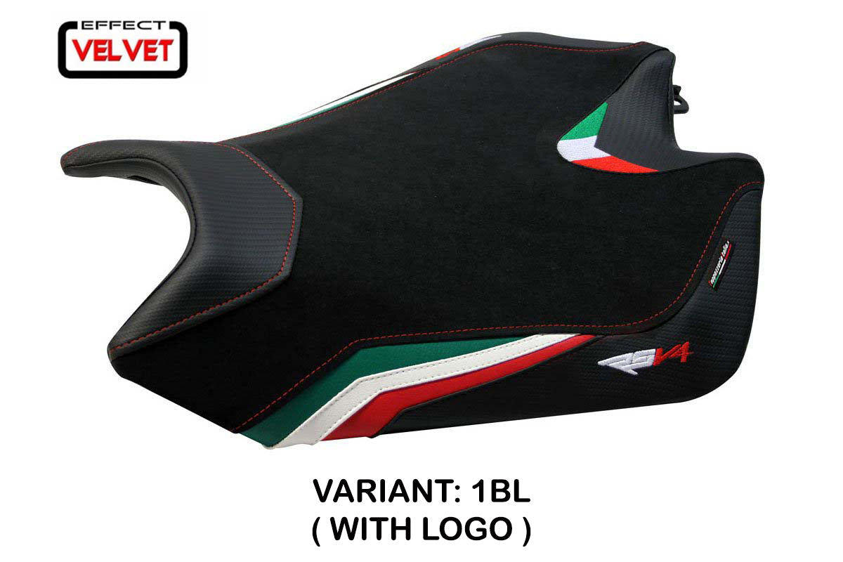 Funda de asiento Aprilia RSV4 2009-2020 Tappezzeria Italia TPZ de terciopelo con bandera de Italia negra