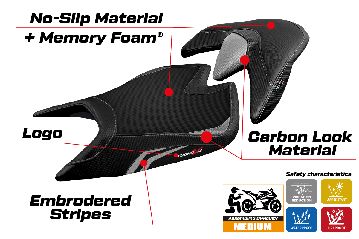 Funda de asiento Aprilia Tuono V4 2021-2025 Tappezzeria Italia TPZ Comfort en plata y negro
