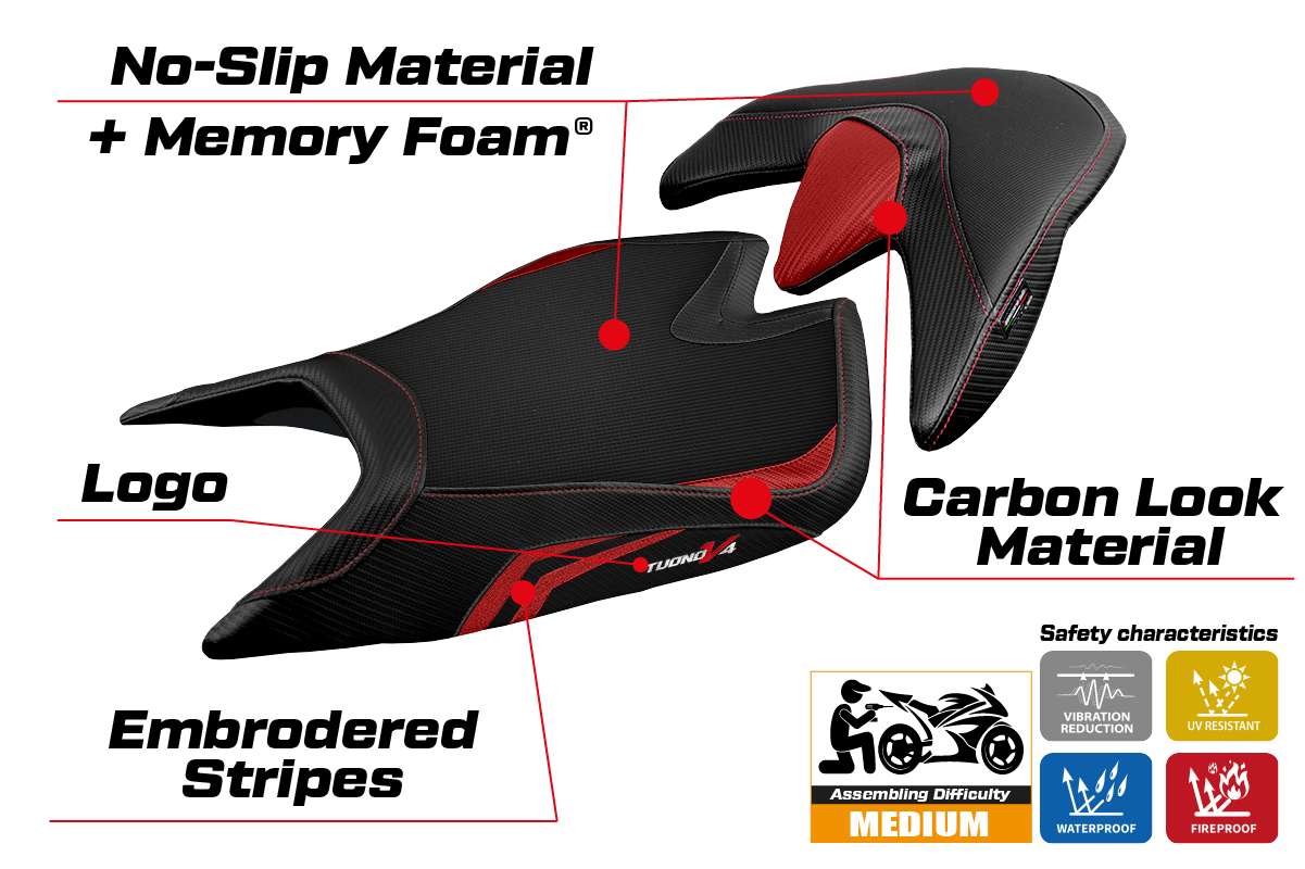 Funda de asiento Aprilia Tuono V4 2021-2025 Tappezzeria Italia TPZ Comfort en rojo y negro