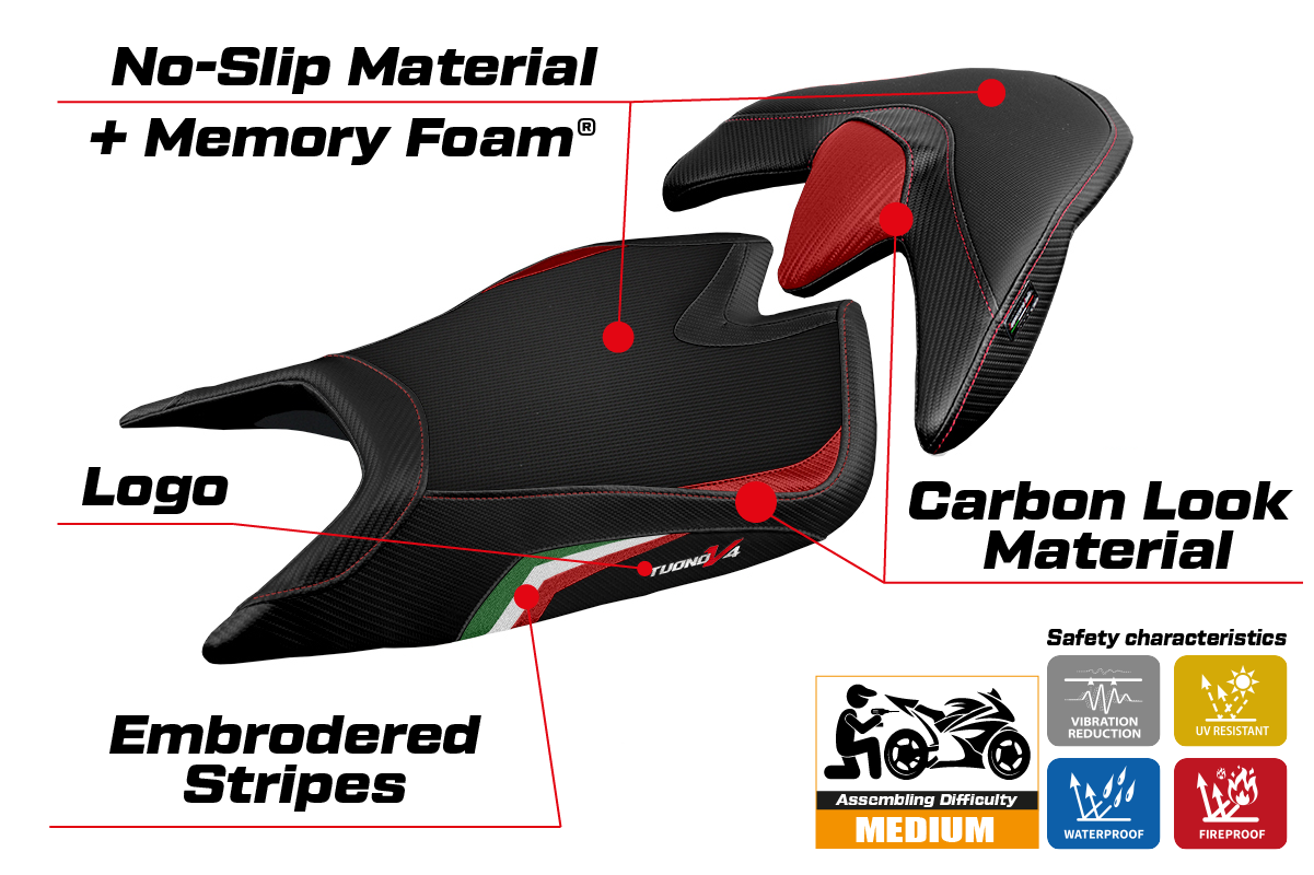Funda de asiento Aprilia Tuono V4 2021-2025 Tappezzeria Italia TPZ Comfort Bandera de Italia en Negro