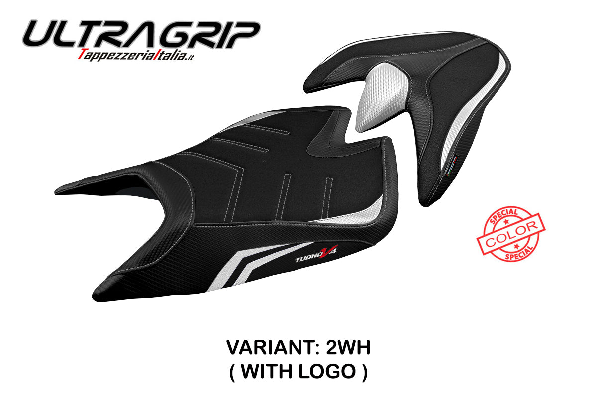 Funda de asiento Aprilia Tuono V4 2021-2025 Tappezzeria Italia TPZ Ultragrip en blanco y negro