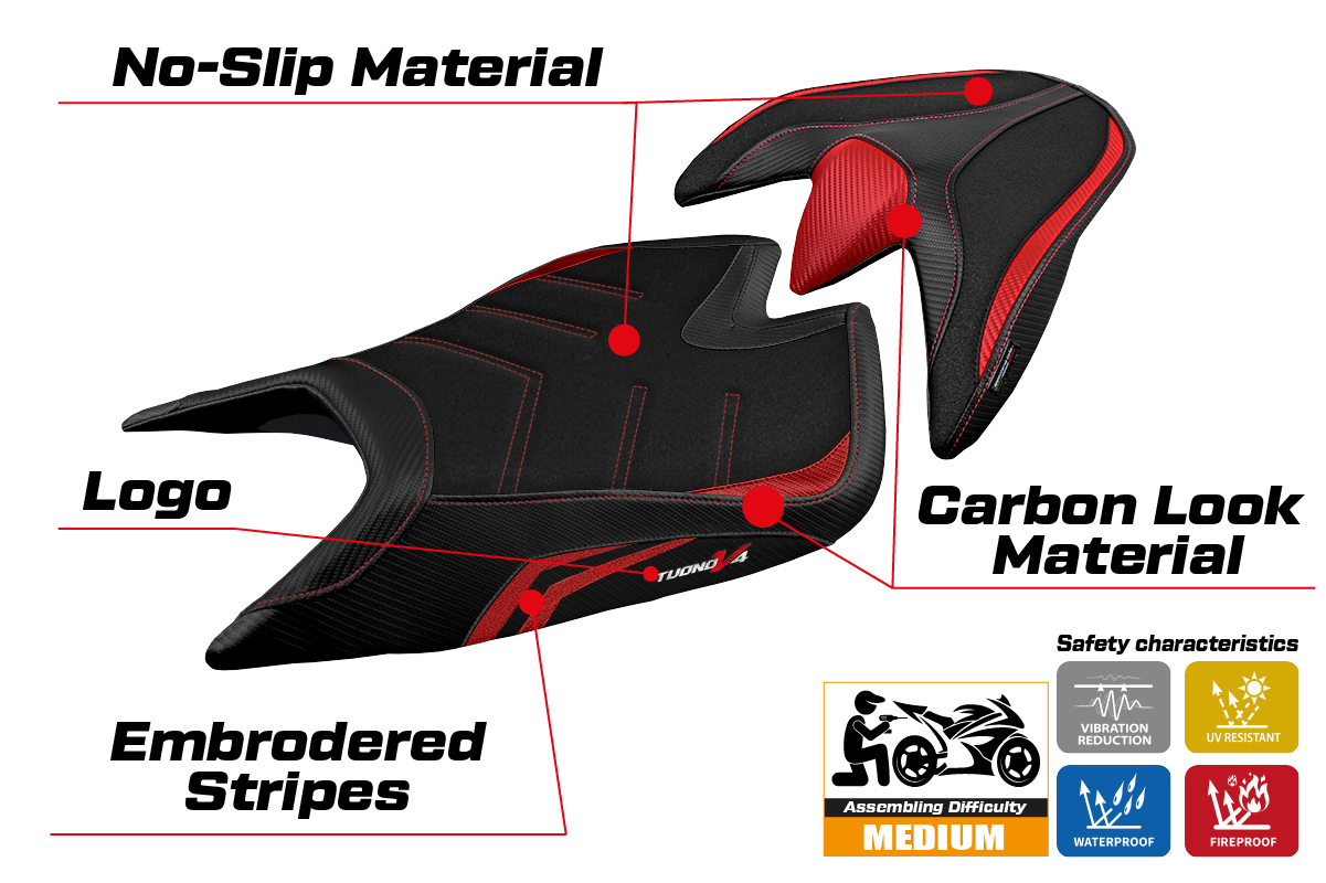 Funda de asiento Aprilia Tuono V4 2021-2025 Tappezzeria Italia TPZ Ultragrip en rojo y negro