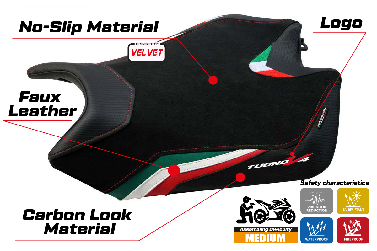 Funda de Asiento Aprilia Tuono V4 2011-2020 Tappezzeria Italia TPZ de Terciopelo Bandera de Italia Negro