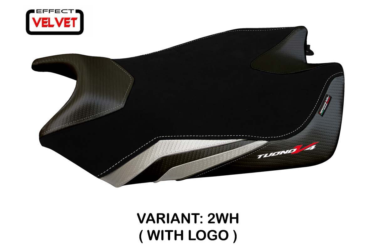 Funda de asiento Aprilia Tuono V4 2011-2020 Tappezzeria Italia TPZ en terciopelo blanco y negro