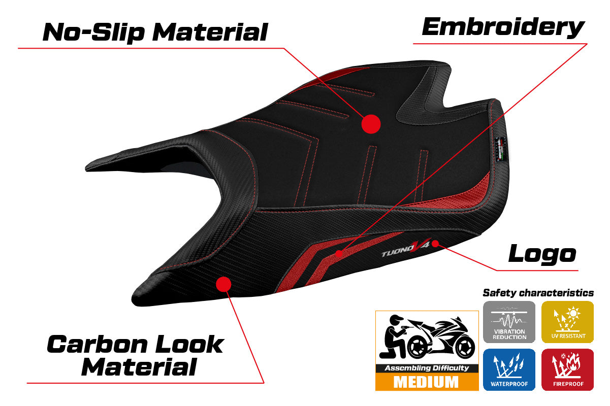 Funda de asiento Aprilia Tuono V4 Factory 2021-2025 Tappezzeria Italia TPZ Ultragrip en rojo y negro