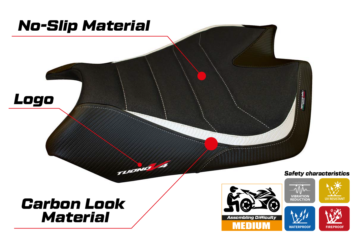 Funda de asiento Aprilia Tuono V4 2011-2020 Tappezzeria Italia TPZ Ultragrip en blanco y negro