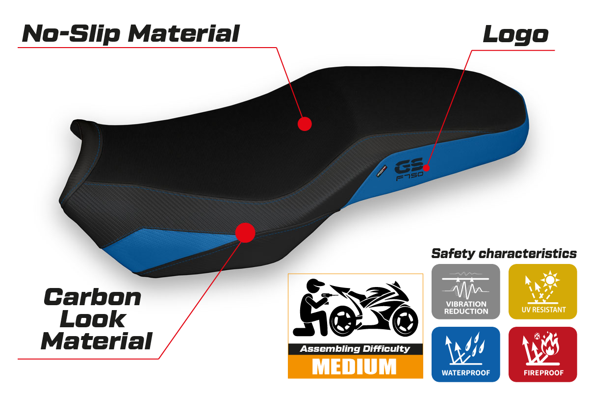 Funda de asiento para BMW F750GS 2018-2025 Tappezzeria Italia TPZ en azul y negro