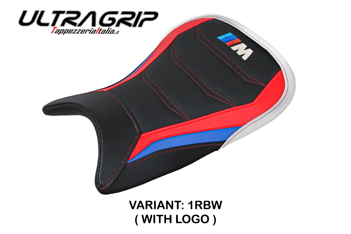 Funda de asiento BMW M1000R 2022-2025 Tappezzeria Italia TPZ Ultragrip en rojo, azul, blanco y negro
