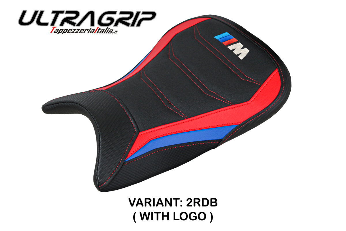 Funda de asiento BMW M1000RR 2021-2022 Tappezzeria Italia TPZ Ultragrip en rojo, azul y negro