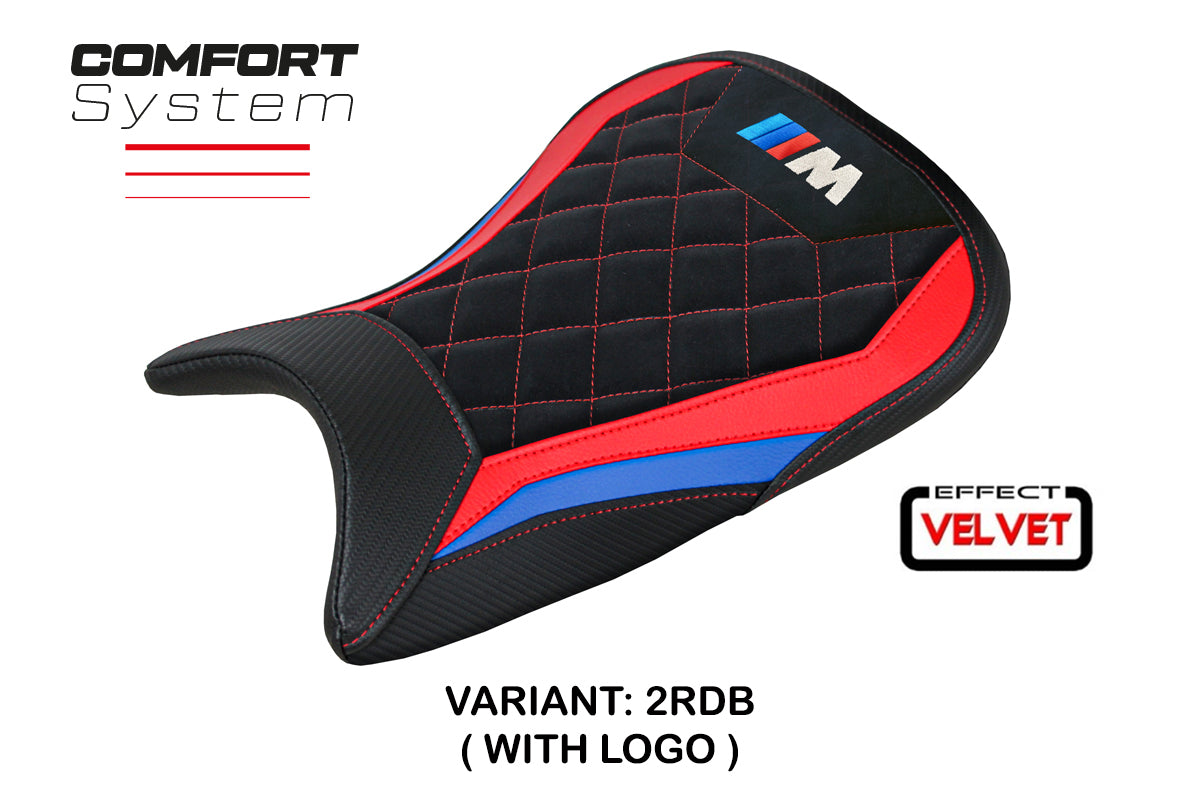 Funda de asiento BMW M1000RR 2021-2022 Tappezzeria Italia TPZ Comfort en terciopelo rojo, azul y negro