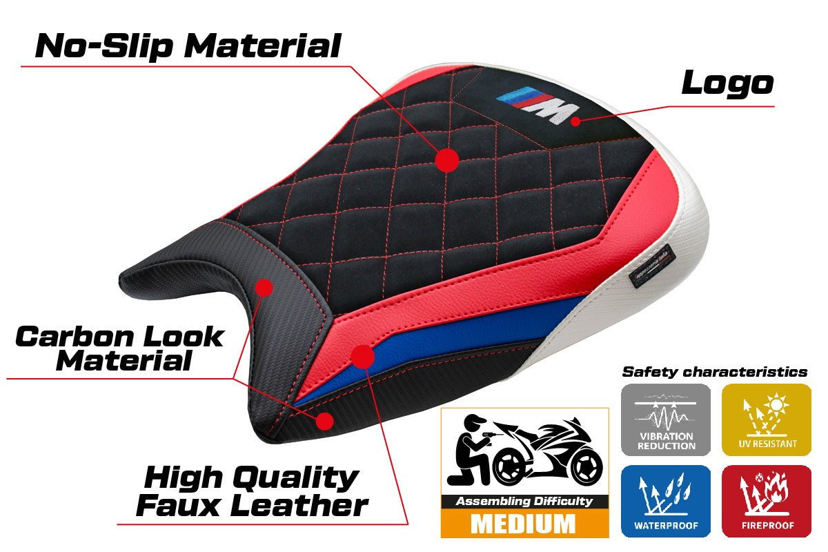 Funda de asiento BMW M1000RR 2023-2025 Tappezzeria Italia TPZ Terciopelo Rojo Azul Blanco Negro