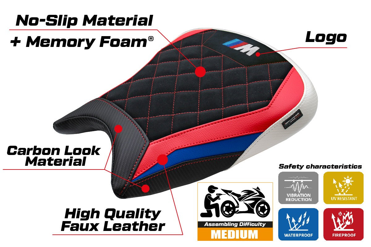 Funda de asiento BMW M1000RR 2023-2025 Tappezzeria Italia TPZ Velvet Comfort Rojo Azul Blanco Negro