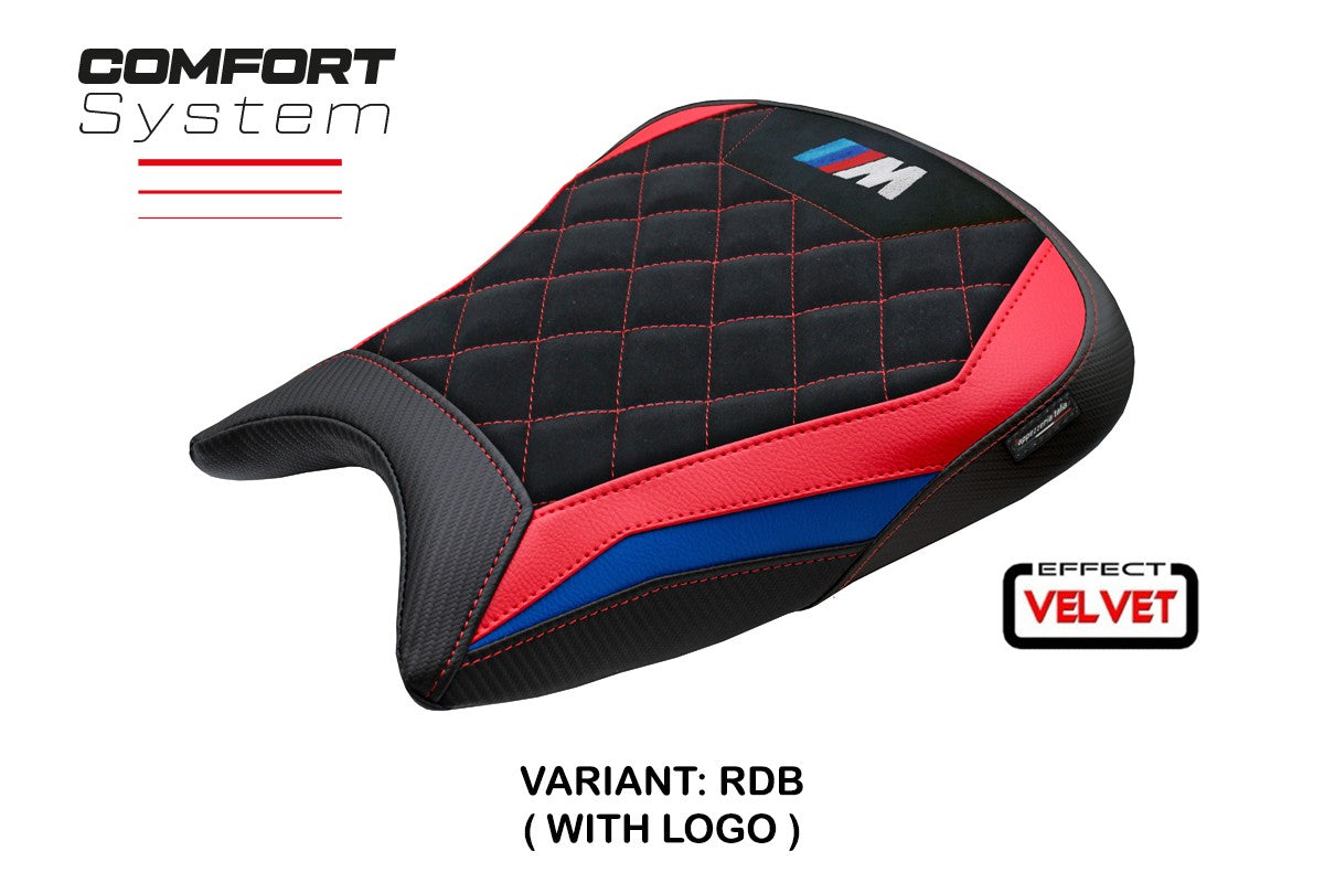 Funda de asiento BMW M1000RR 2023-2025 Tappezzeria Italia TPZ Velvet Comfort Azul Rojo Negro